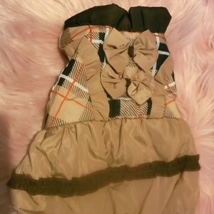 Dog Coat. Sz small. Tan with brown and plaid trim.